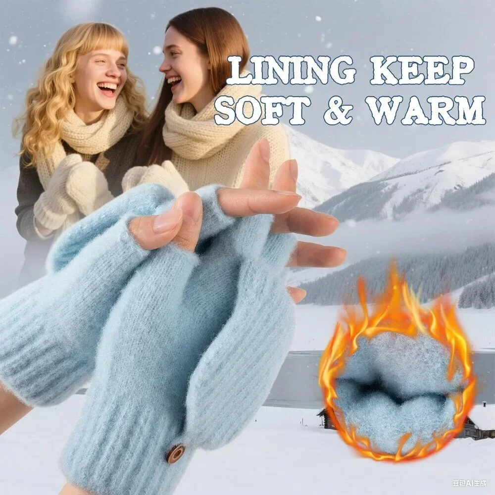 Women's Winter Warm Mittens Knitted Blue Gloves Fingerless Design Button Closure